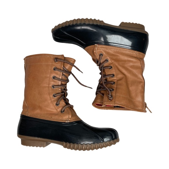Madden Girl Flurryy Duck Style Boots Natural Tan & Black Lace & Zip Up Size 9.5 - Picture 1 of 9